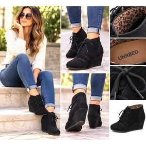 UNR8ED Women 11M Black Faux Suede Wedge Ankle Booties Lace Up Leopard